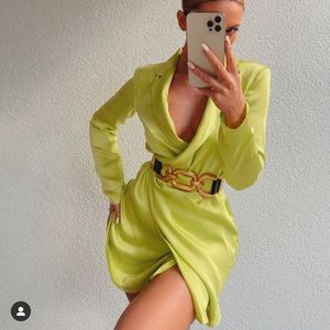 ZARA Satin Effect Shoulder Pad Dress Lime Green